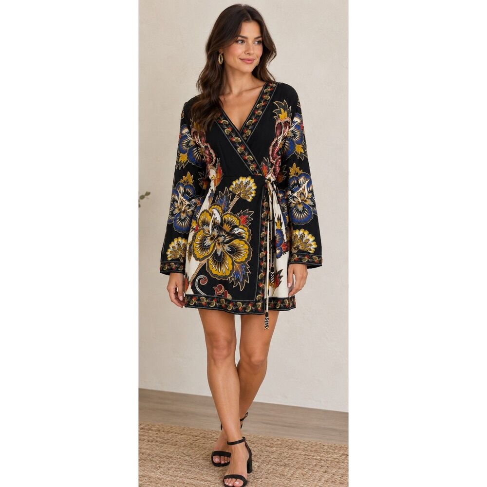 FARM Rio Black Maxi Floral Wrap Mini Dress Size L Large SN 325312 Viscose
